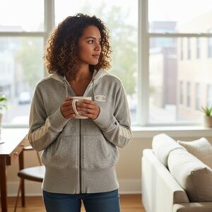 Champion Light Gray and Cream Zip Hoodie